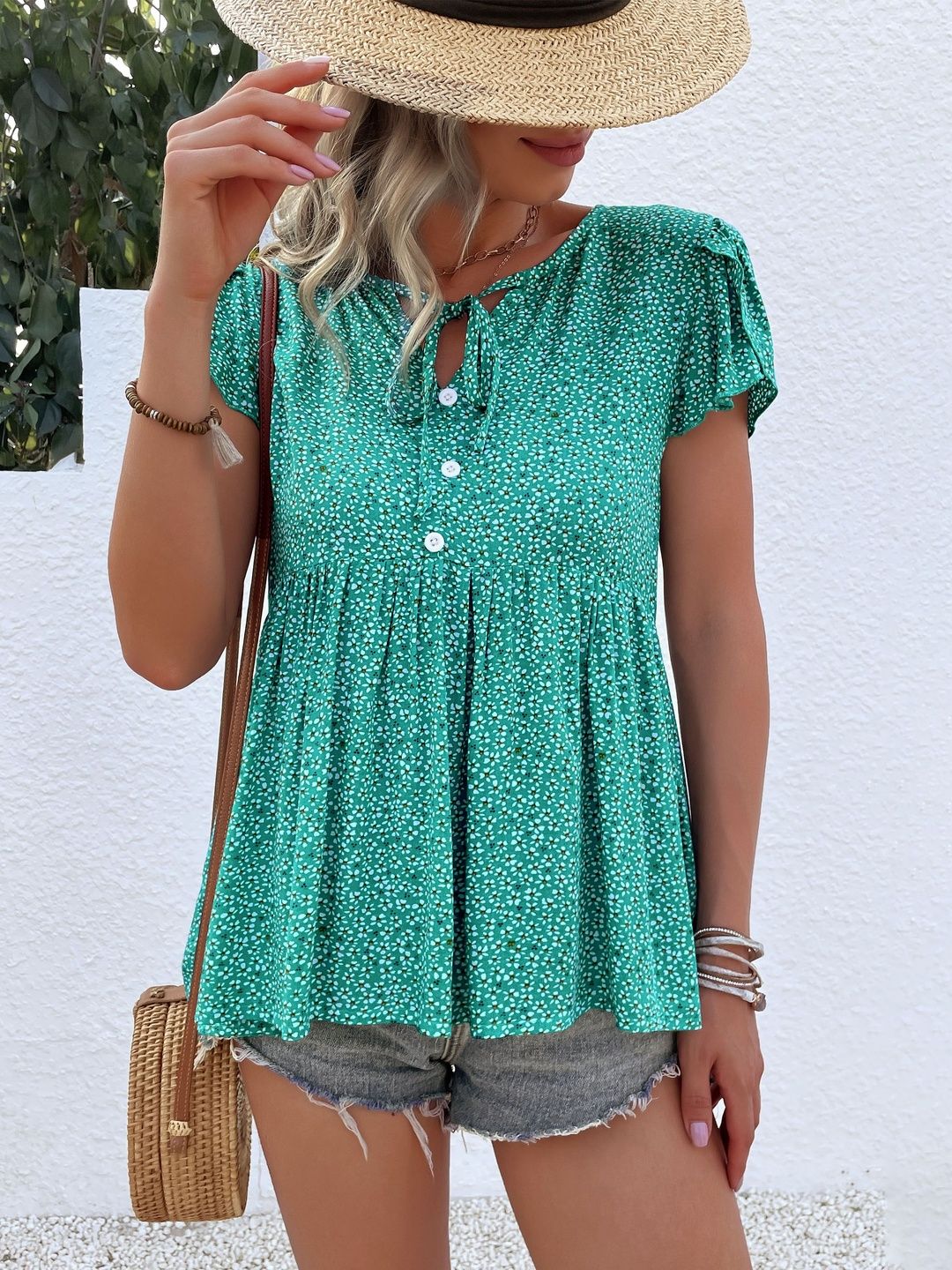 Floral Print Puff Sleeve Cotton Top