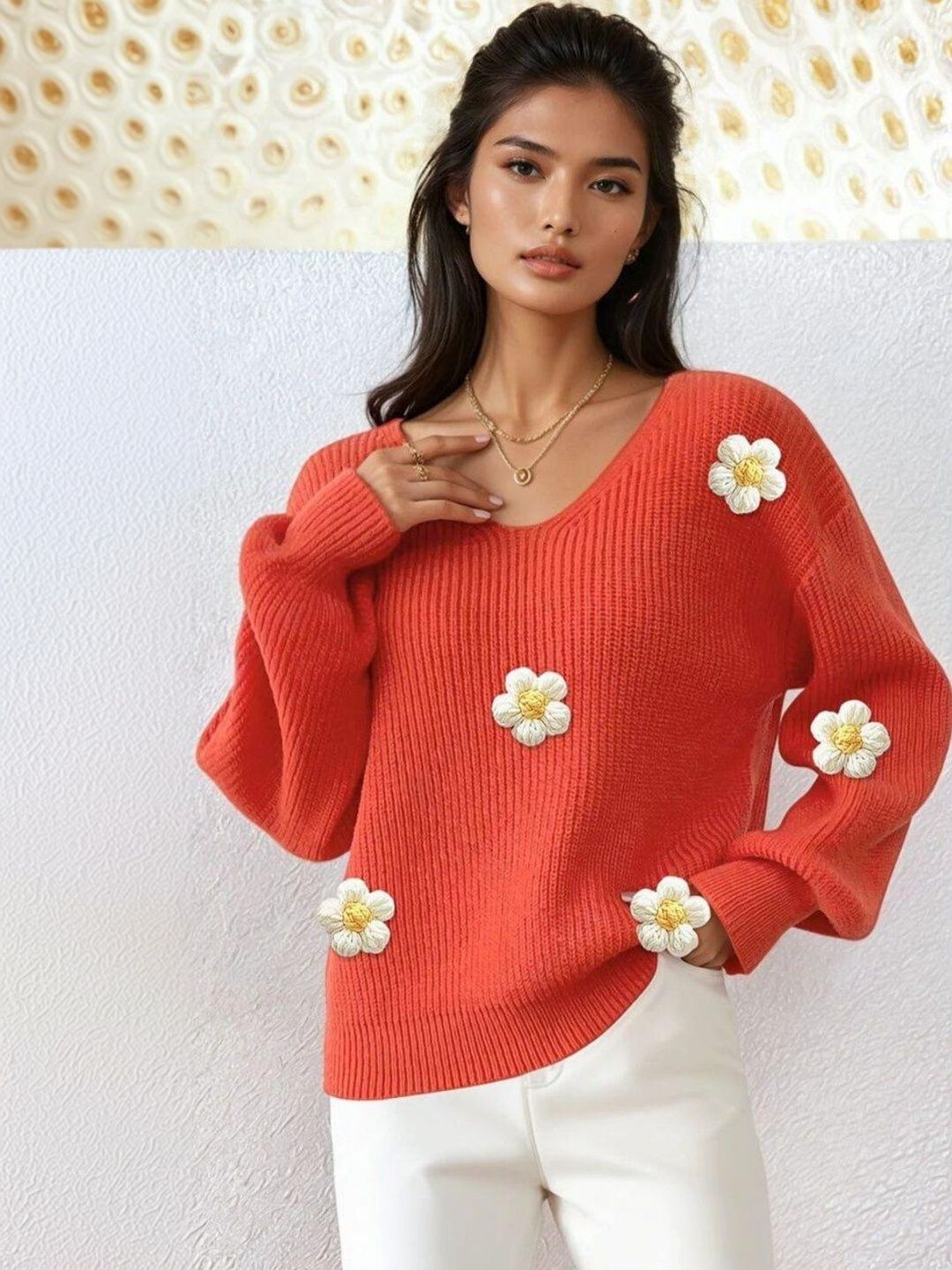 Women Ribbed Pullover with Embroidered Detail