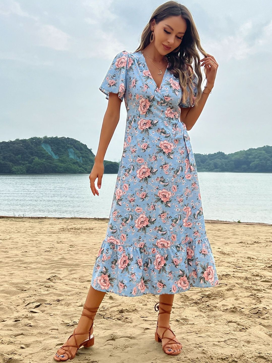 Floral Print Puff Sleeve Ruffled Midi Dress