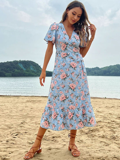 Floral Print Puff Sleeve Ruffled Midi Dress