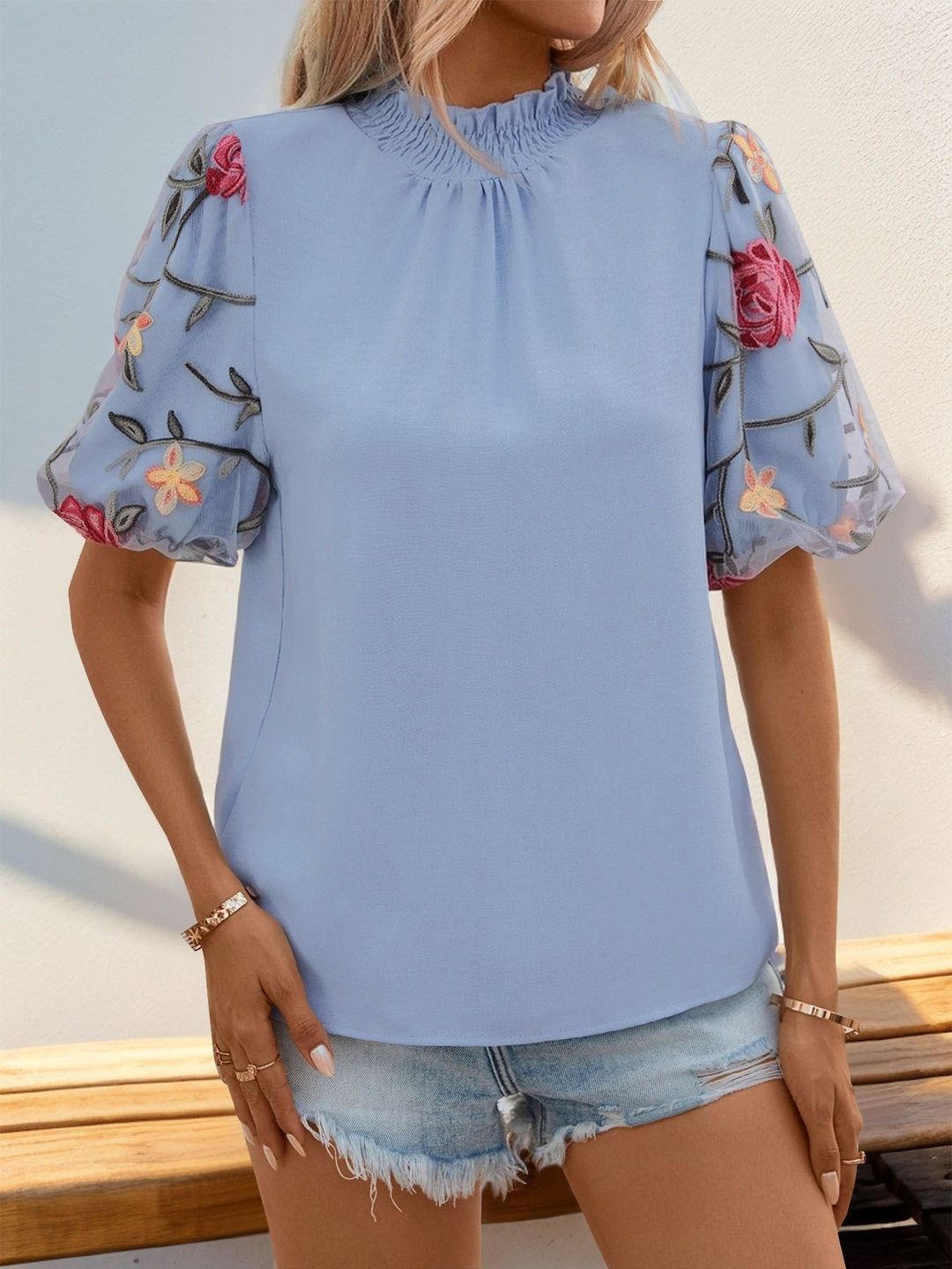 Floral Embroidered Puff Sleeve Top