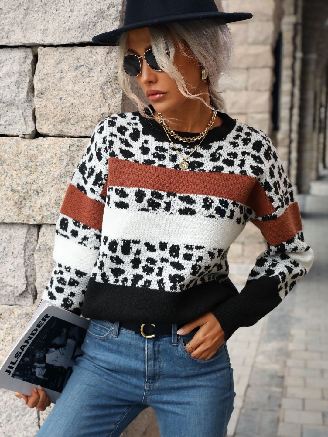 Animal Printed Pullover in White - Nowi Korean Fashion