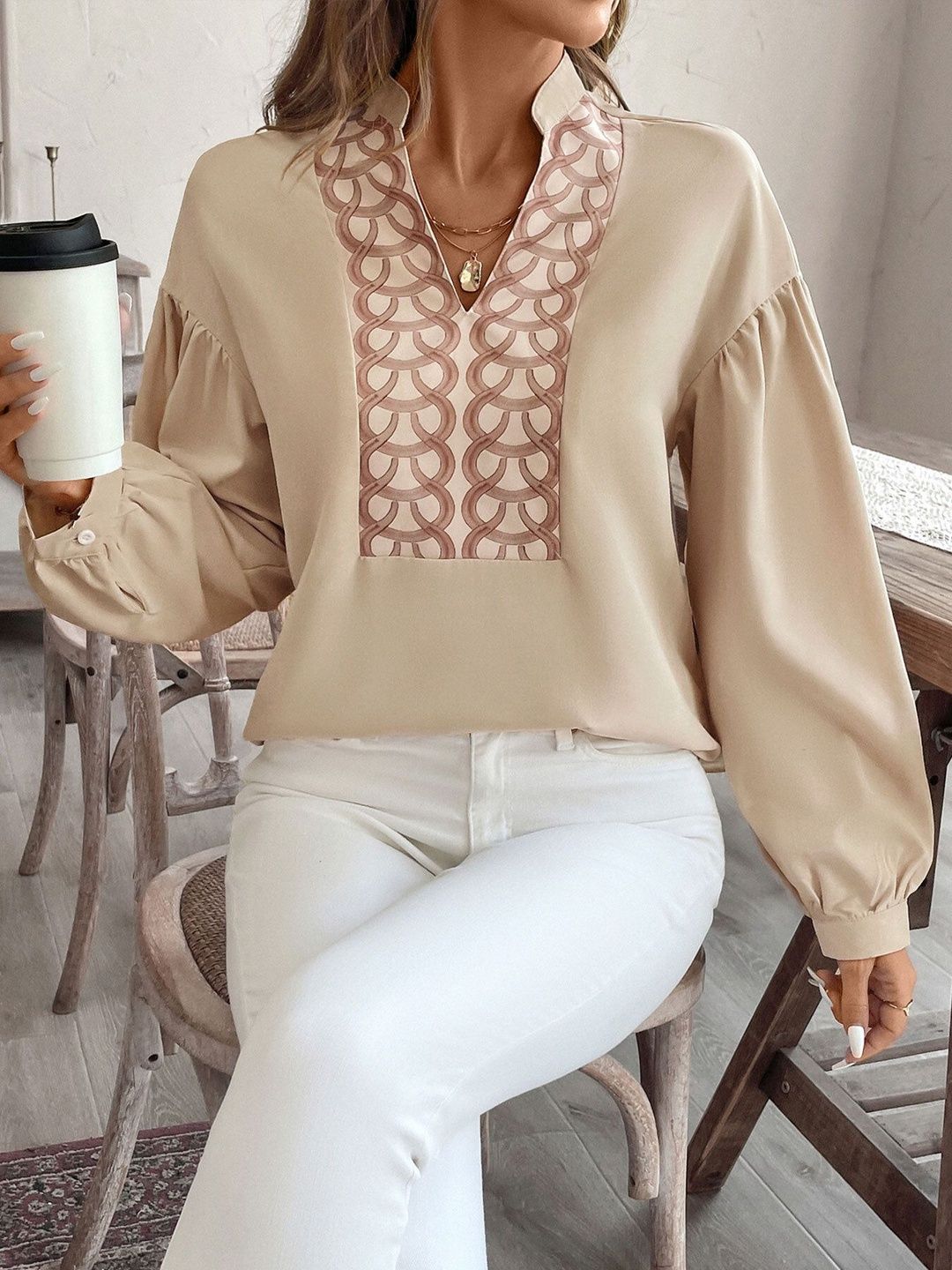 Women's Beige Geometric Print Bishop Sleeves Top