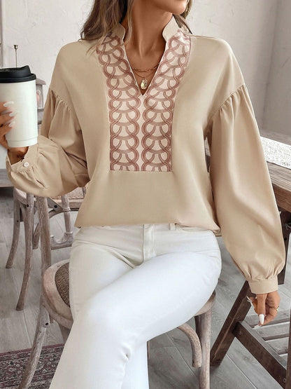 Women's Beige Geometric Print Bishop Sleeves Top
