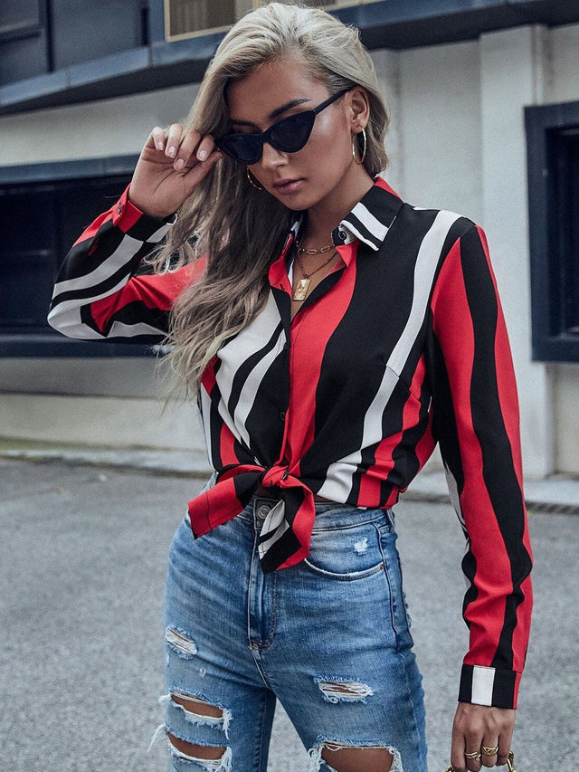 Striped Casual Shirt in Red Cotton - Nowi Korean Fashion