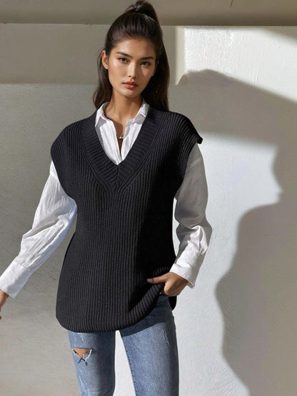 Ribbed Sweater Vest in Black acrylic - Nowi Korean Fashion