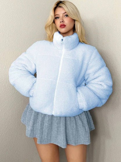Solid Woollen Puffer Jacket in Blue - Nowi Korean Fashion