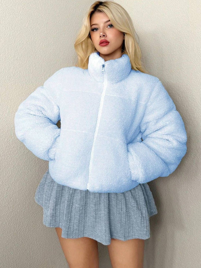 Solid Woollen Puffer Jacket in Blue - Nowi Korean Fashion