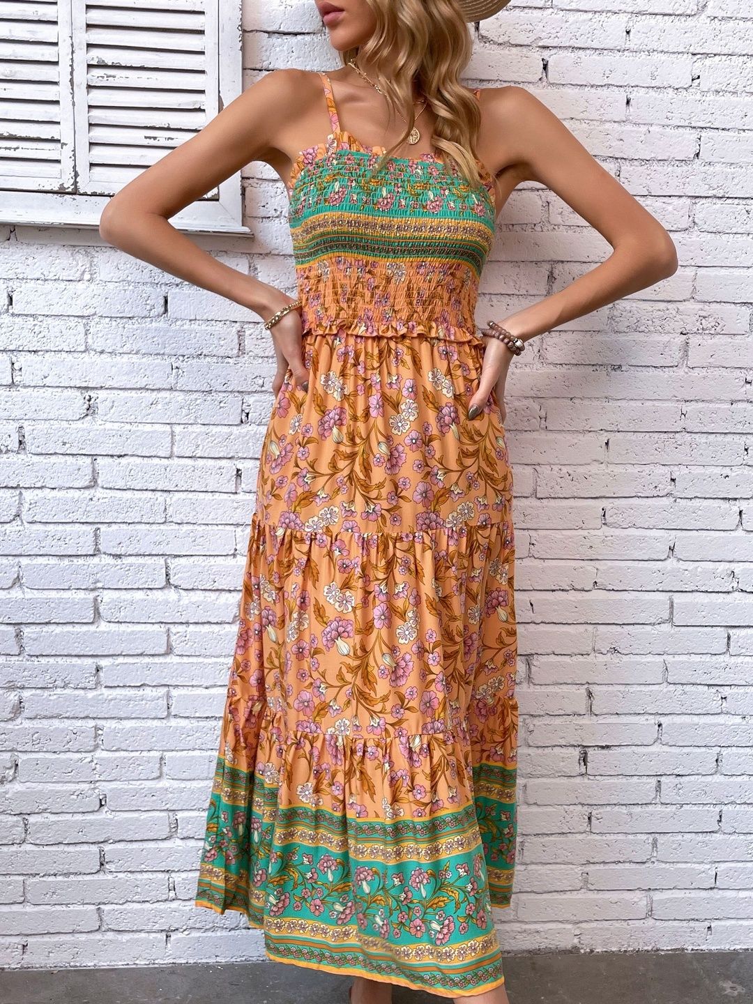 Floral Print Fit & Flare Midi Dress in Orange cotton - Nowi Korean Fashion