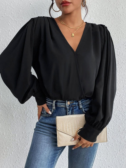 V-Neck Bodysuit in Black polyester Long Sleeve - Nowi Korean Fashion