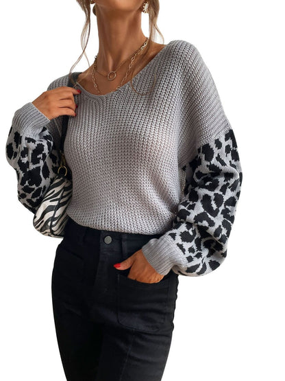 Women's Grey Animal Printed Pullover Blend Regular Fit