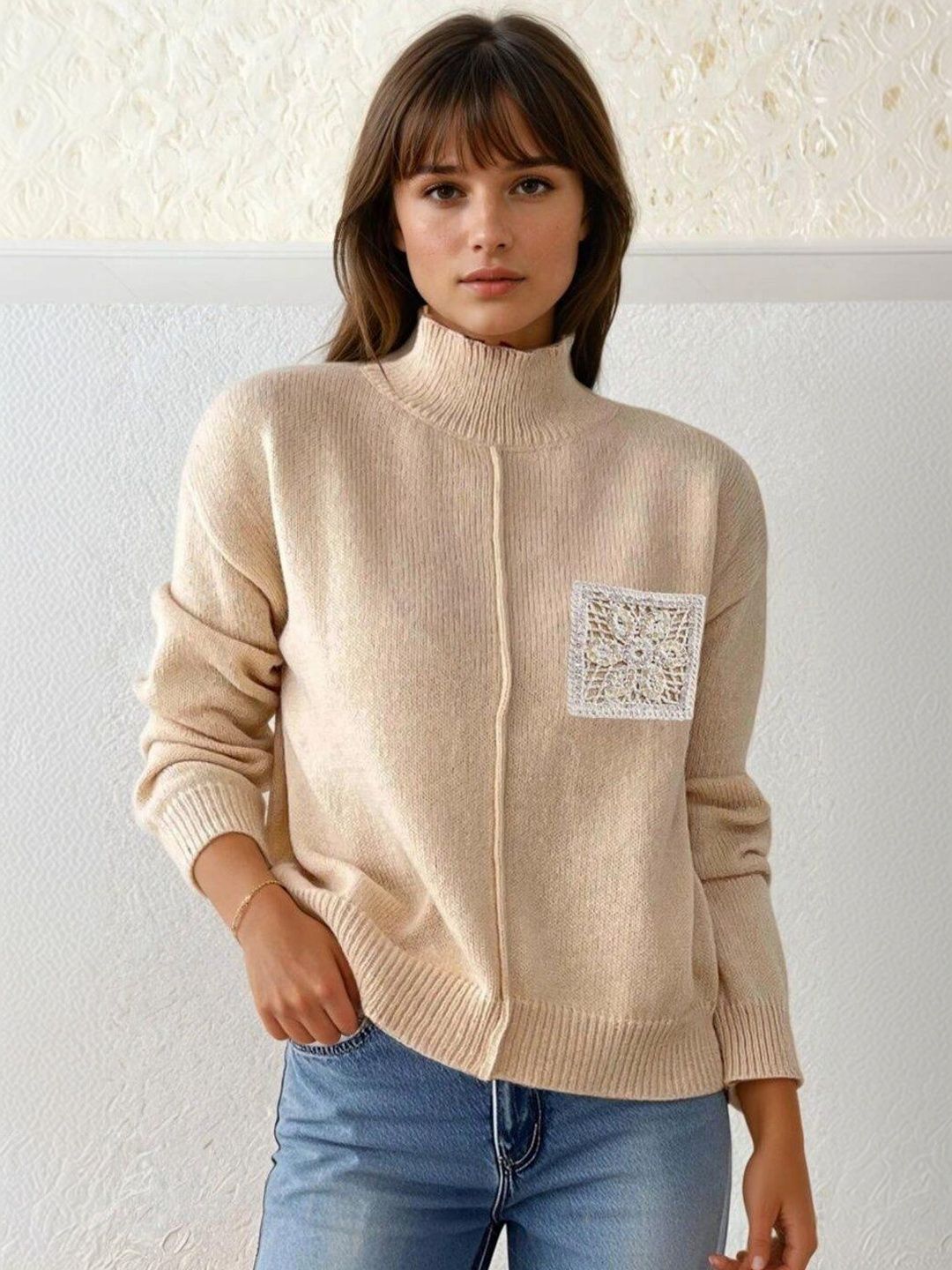 Pullover with Embellished Detail in Beige acrylic - Nowi Korean Fashion