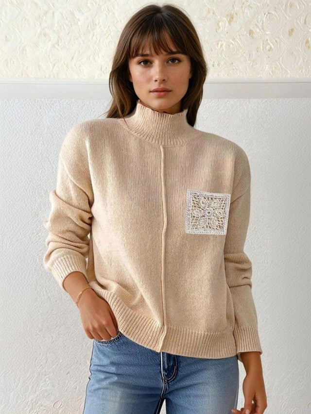 Pullover with Embellished Detail in Beige acrylic - Nowi Korean Fashion