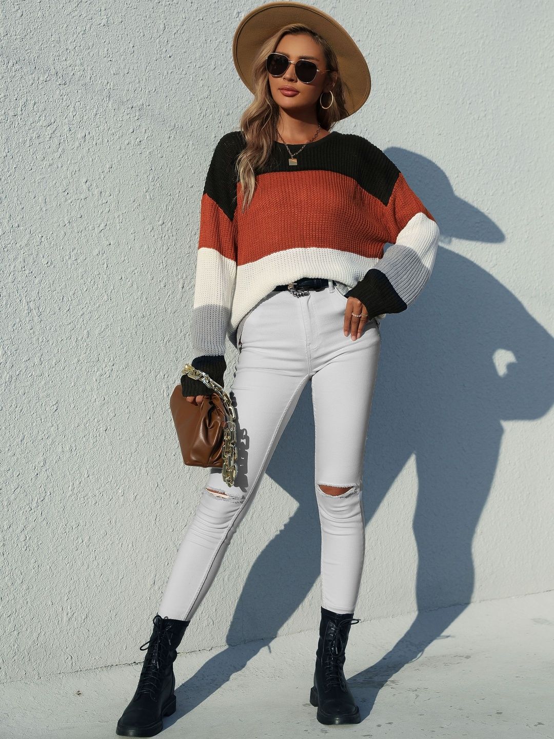 Women's Brown Colourblocked Pullover Blend Printed