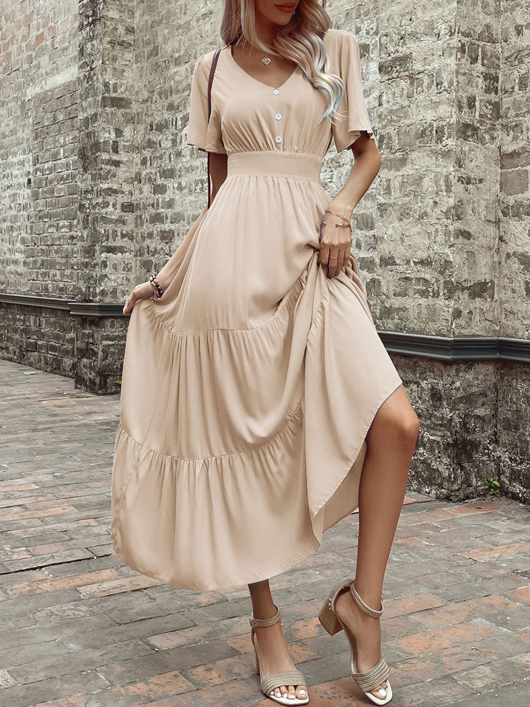 Flared Sleeve A-Line Midi Dress