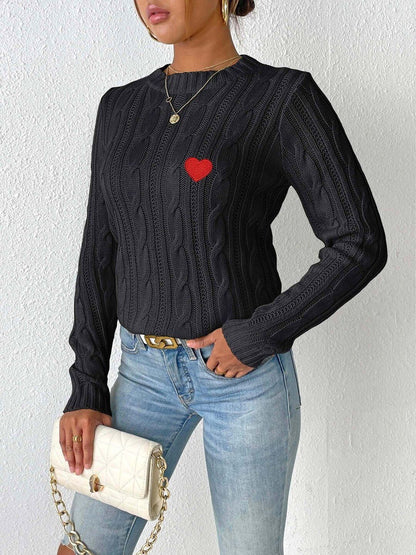 Women Cable Knit Pullover with Embroidered Detail
