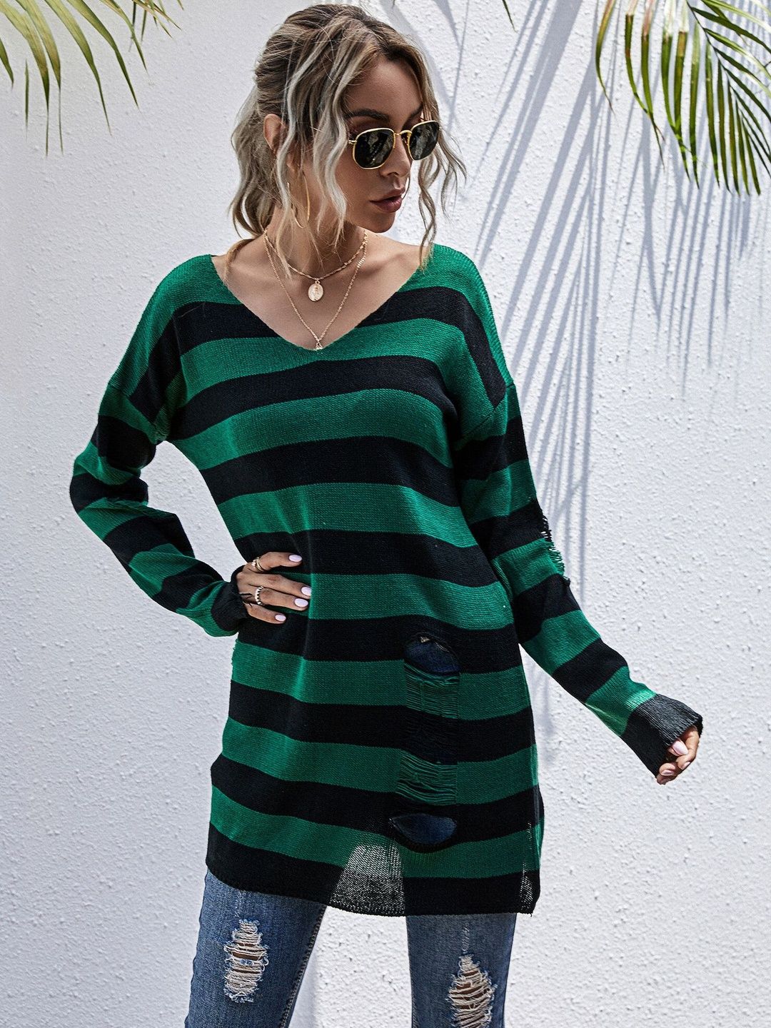 Women's Green Striped Pullover Blend Regular Fit