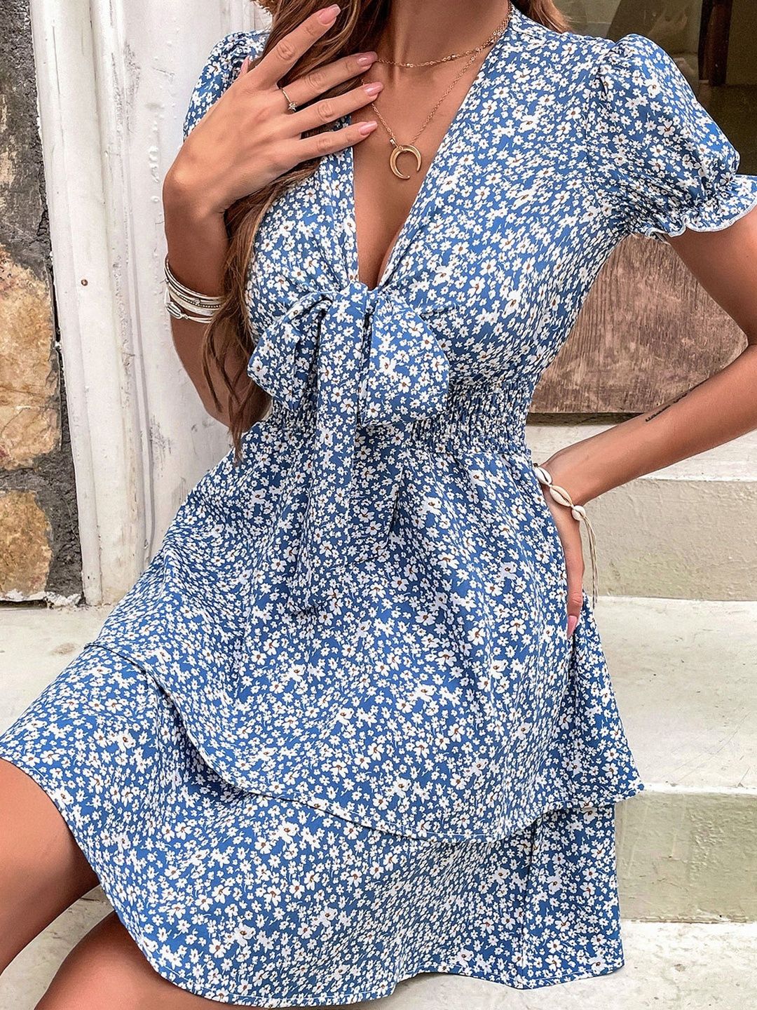 Floral Print Puff Sleeve Fit & Flare Mini Dress
