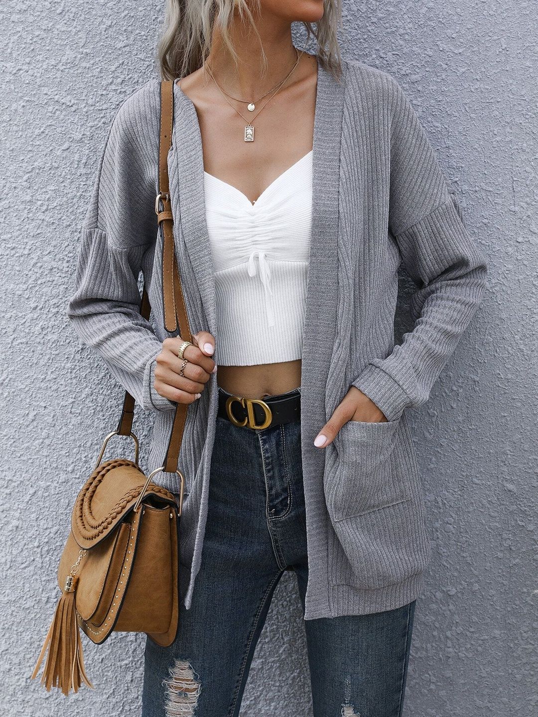 Ribbed Cardigan in Grey Style 214 - Nowi Korean Fashion