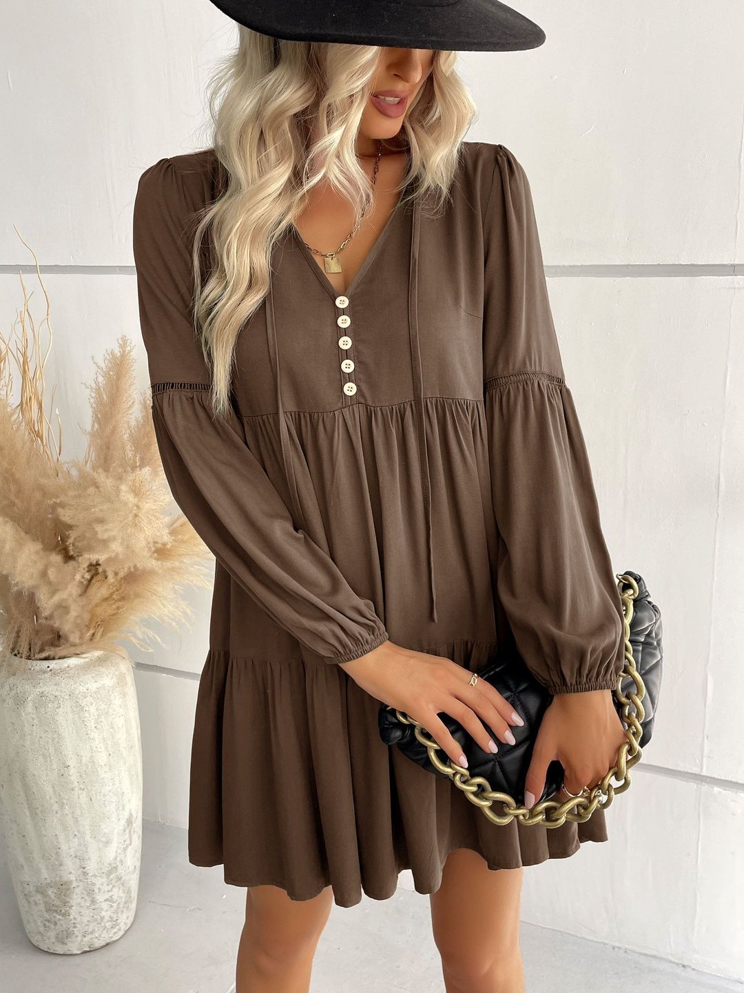 Women's Brown A-Line Dress Blend Printed