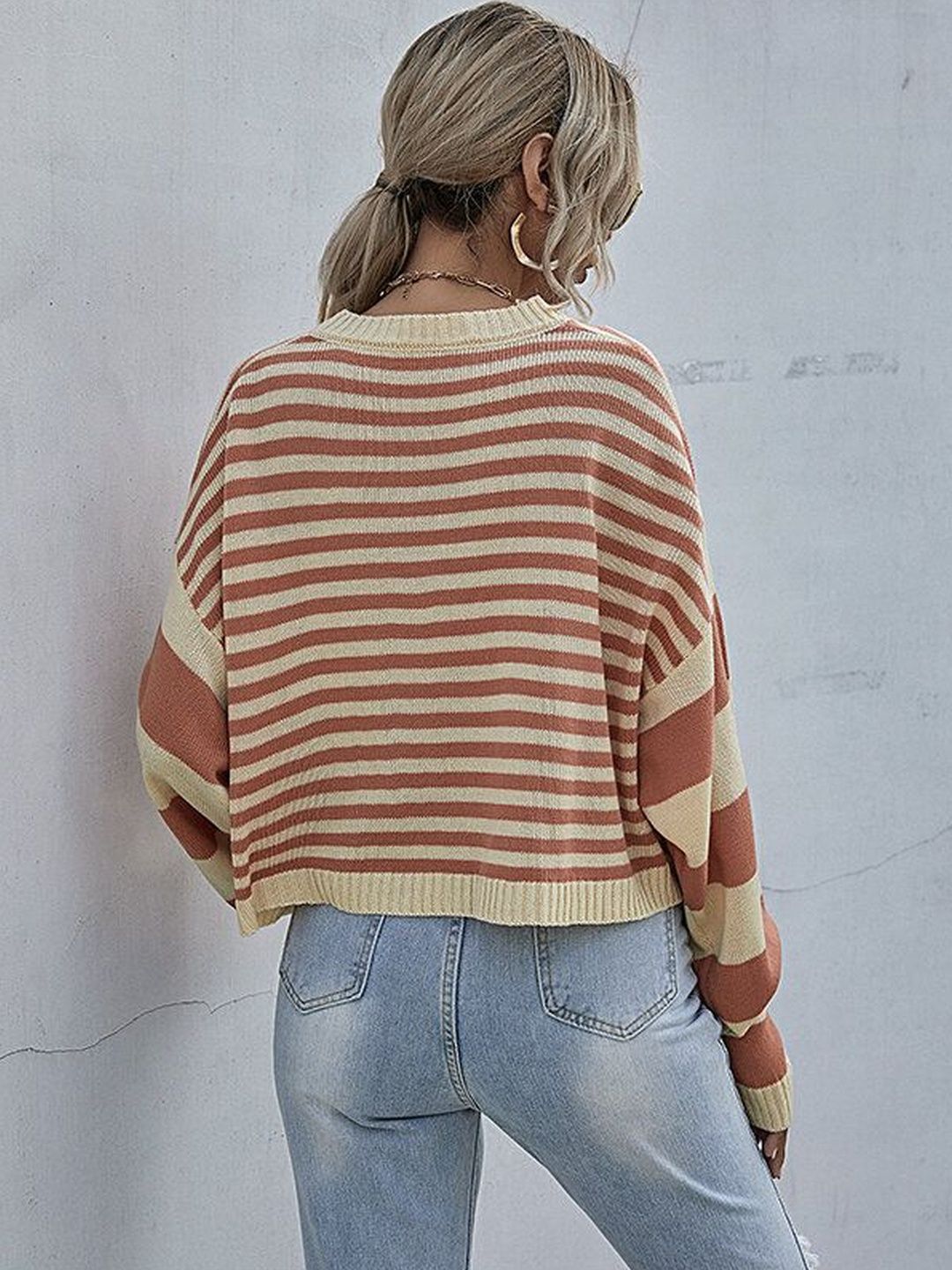 Women's Beige Nowi Women Striped Crop Pullover