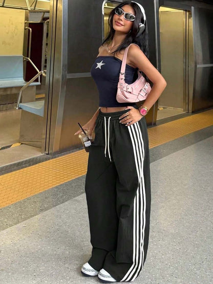 Black and White Striped Relaxed Fit Wide Leg Trousers