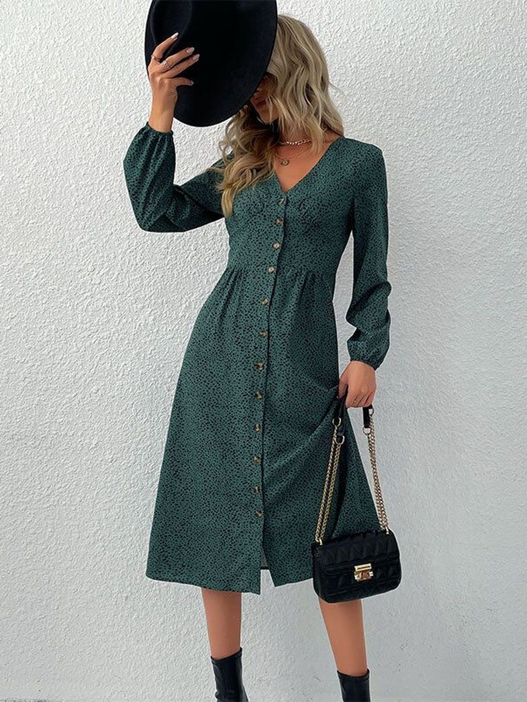 Elegant Green Button-Up Dress - Nowi Korean Fashion