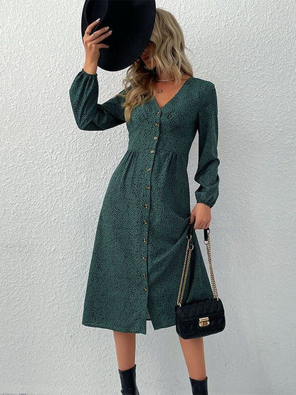 Elegant Green Button-Up Dress - Nowi Korean Fashion