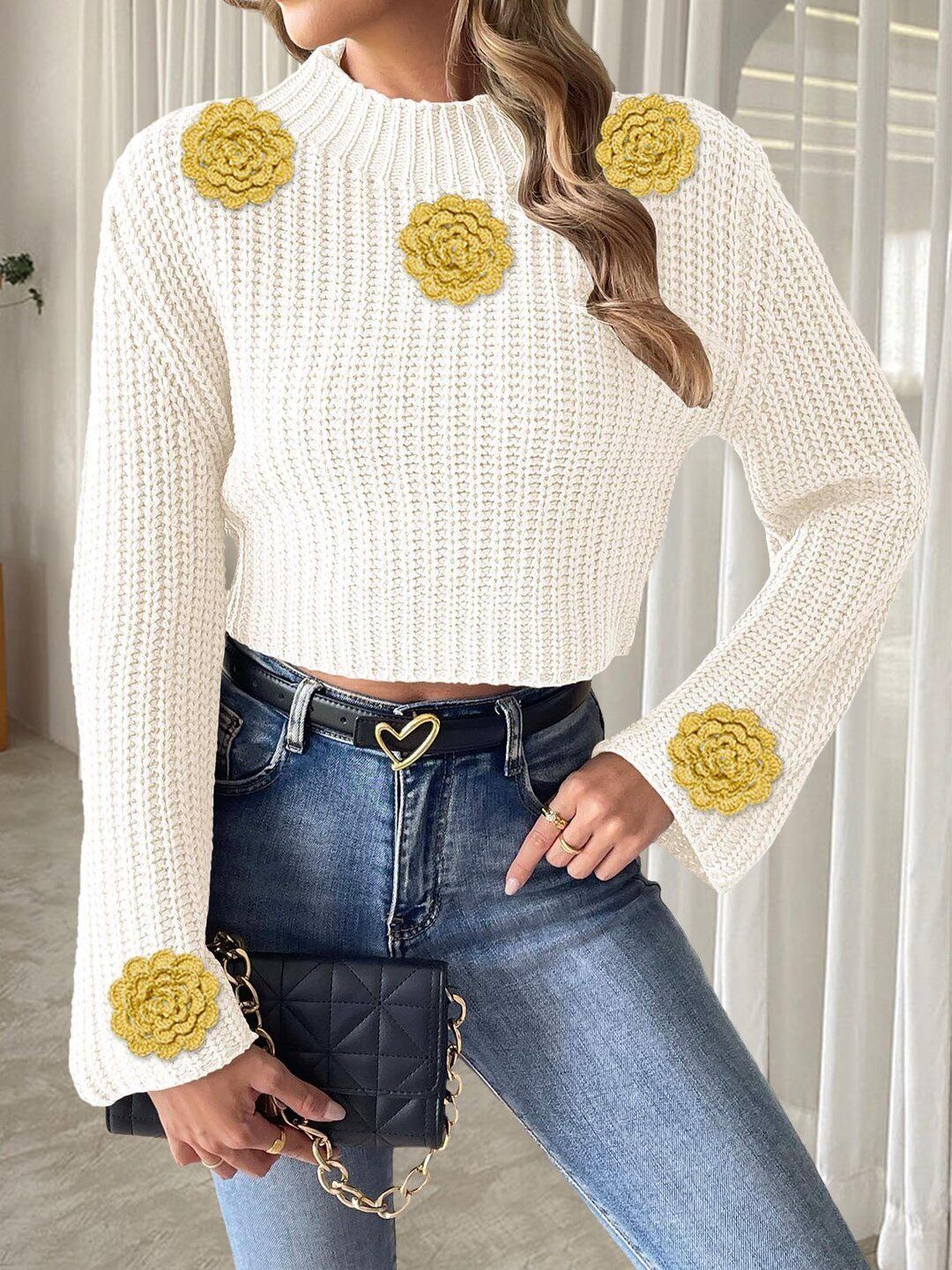 Women Ribbed Crop Pullover with Applique Detail