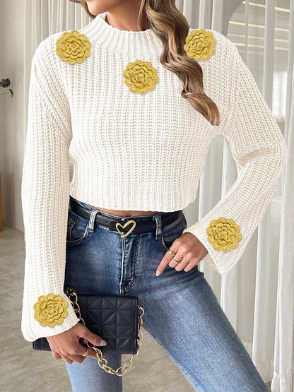 Women Ribbed Crop Pullover with Applique Detail