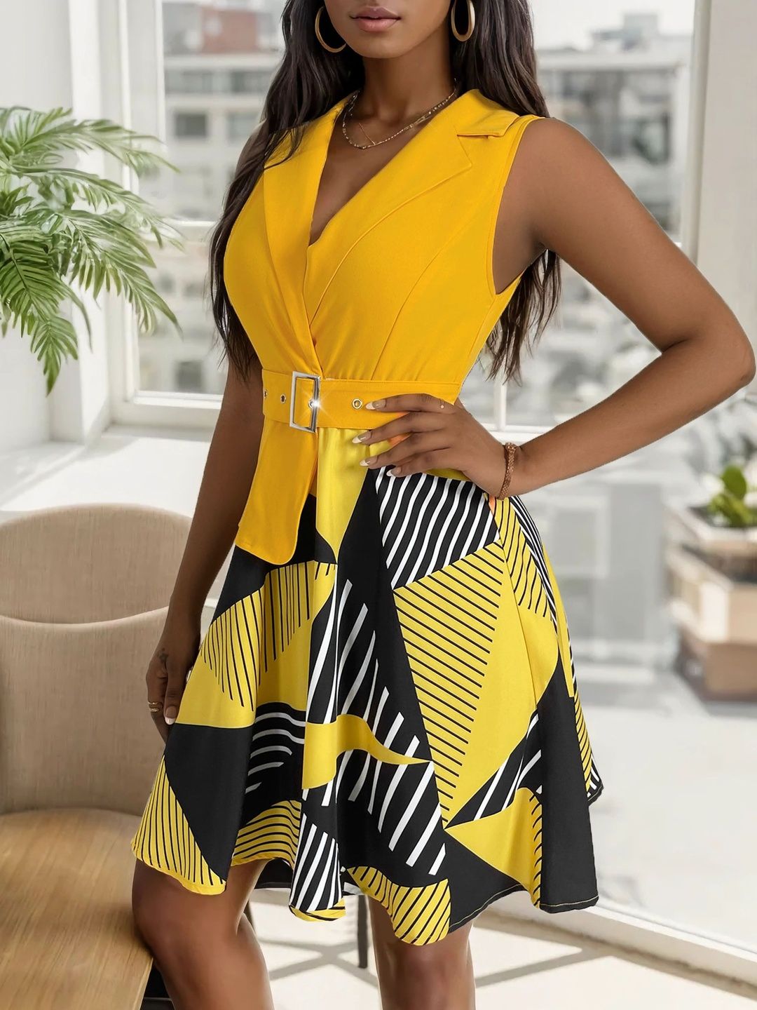 Print Fit & Flare Dress in Yellow cotton Printed - Nowi Korean Fashion