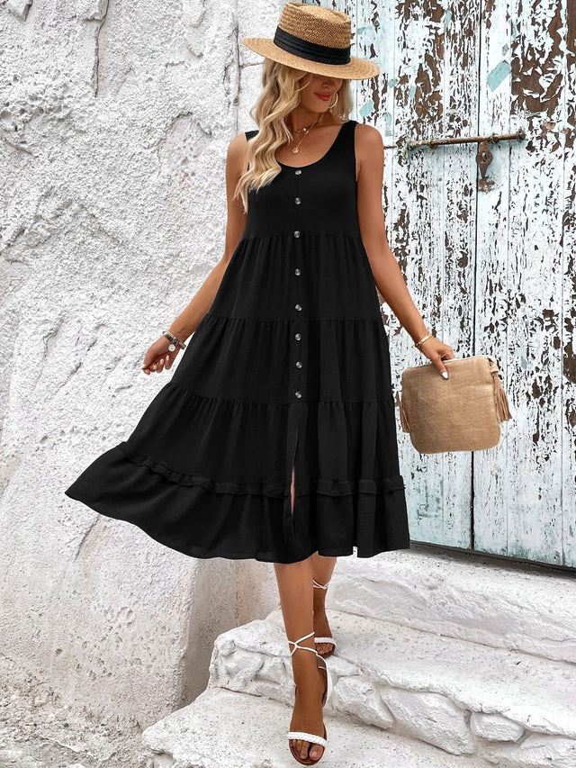 Fit & Flare Midi Dress in Black cotton Sleeveless - Nowi Korean Fashion