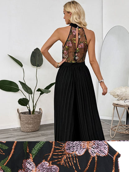 Halter Neck Basic Jumpsuit with Embroidered