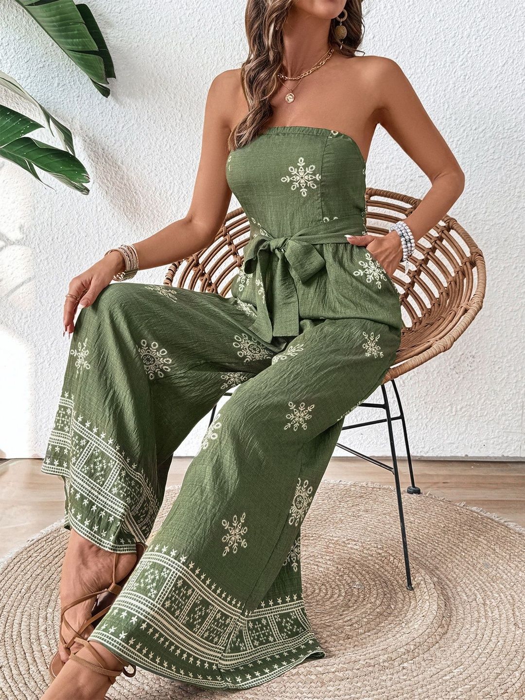 Linen Strapless Printed Basic Jumpsuit with Embroidered