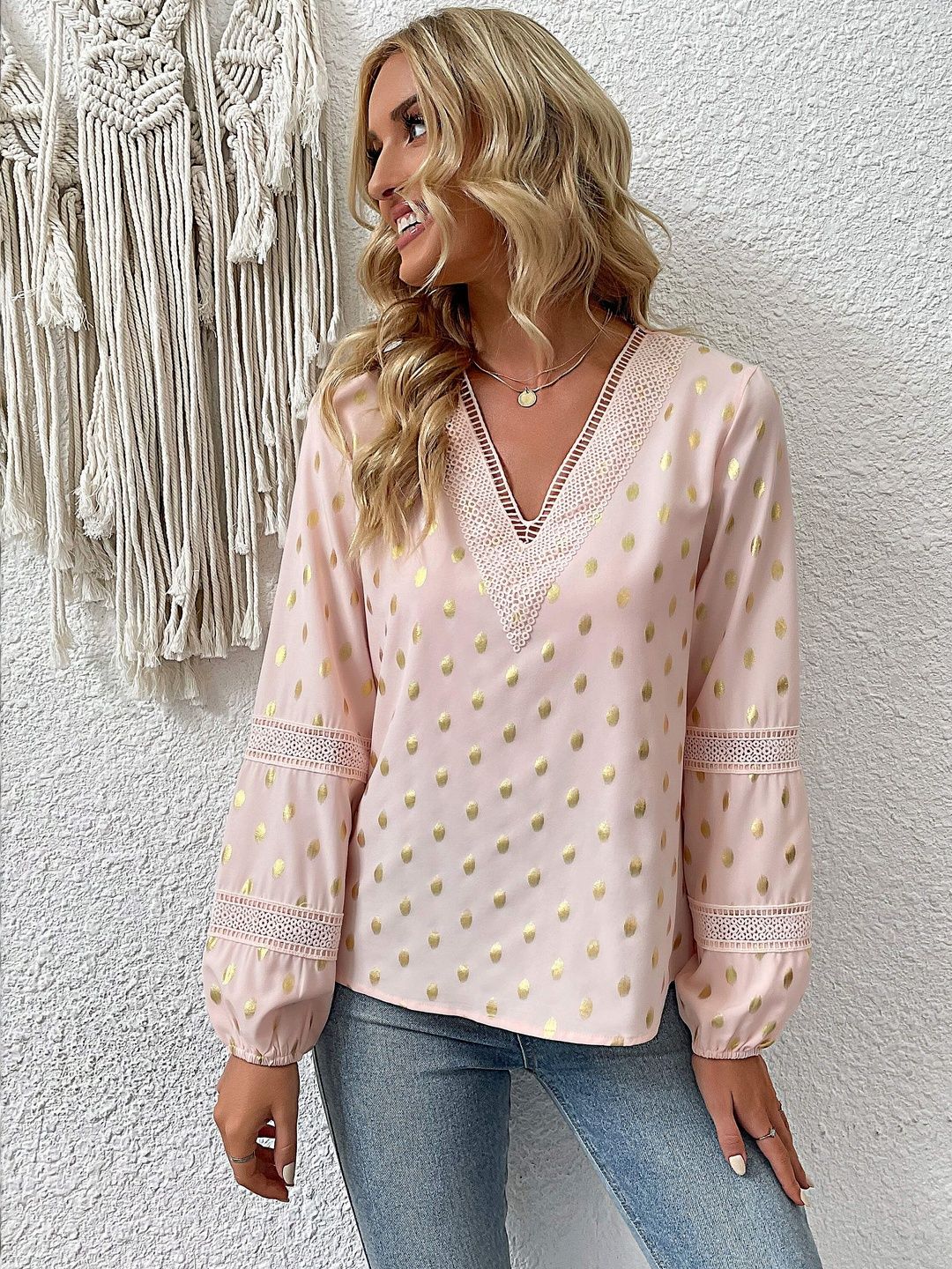 Polka Dot Print Bishop Sleeves Top in Pink - Nowi Korean Fashion