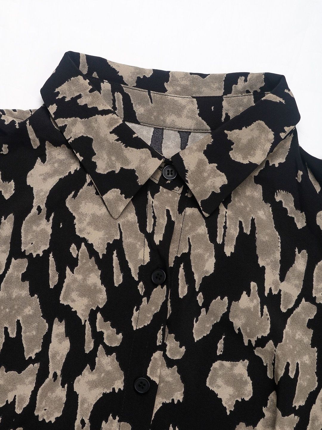 Women's Black Print Shirt Midi Dress Blend Printed