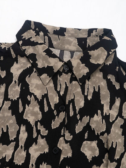 Women's Black Print Shirt Midi Dress Blend Printed