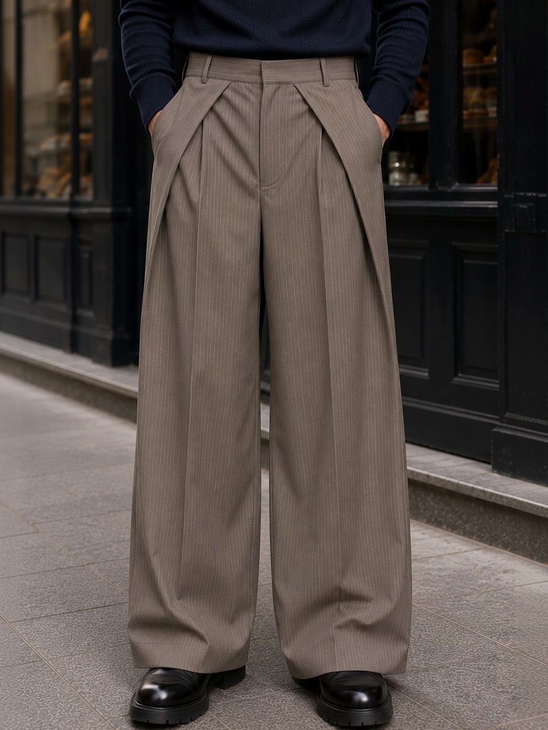 Men Striped Relaxed High-Rise Pleated Trousers