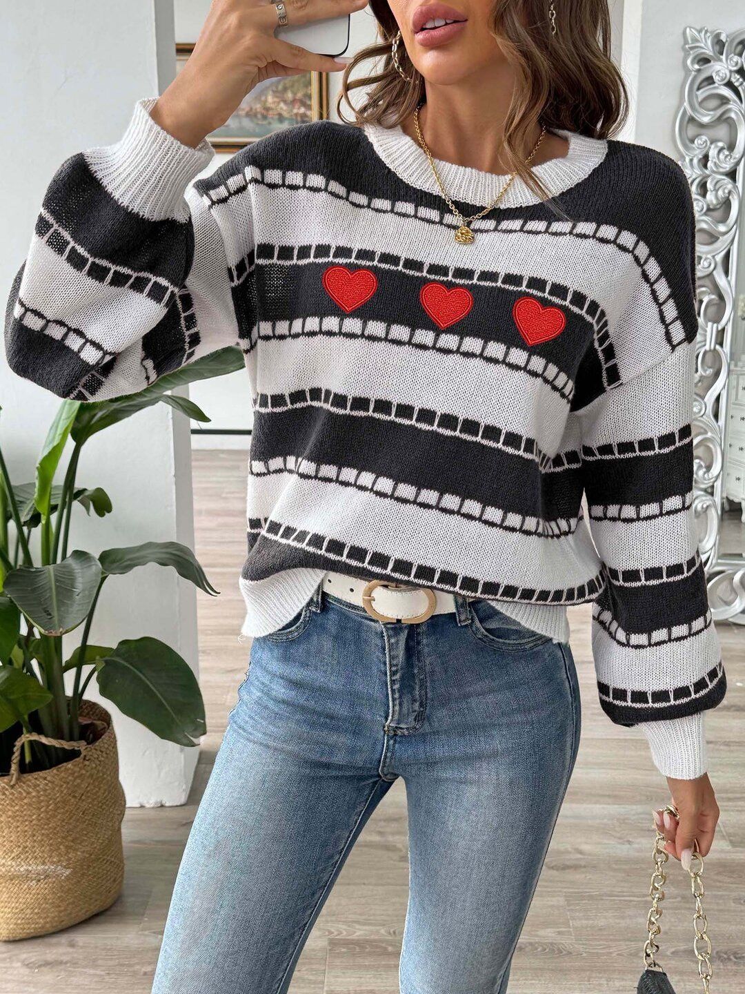 Women Striped Pullover with Embroidered Detail