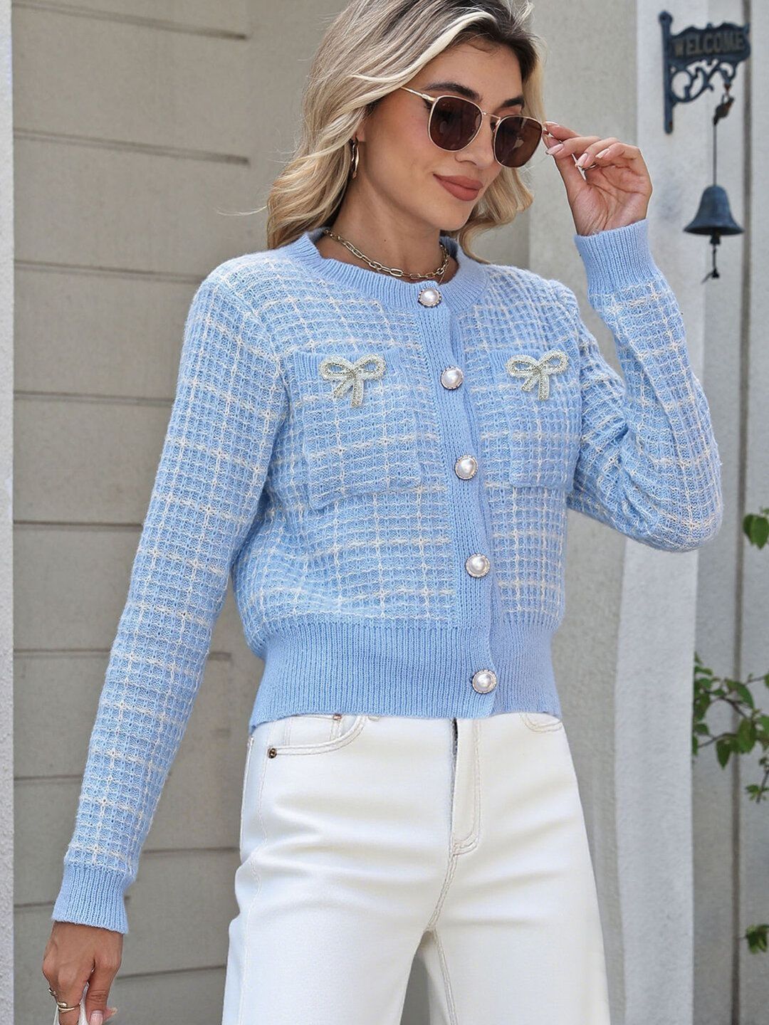 Checked Cardigan with Embroidered Detail in Blue acrylic - Nowi Korean Fashion
