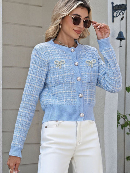 Checked Cardigan with Embroidered Detail in Blue acrylic - Nowi Korean Fashion