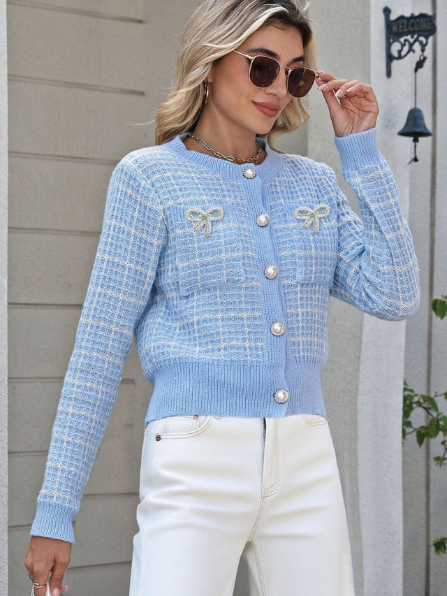 Checked Cardigan with Embroidered Detail in Blue acrylic - Nowi Korean Fashion