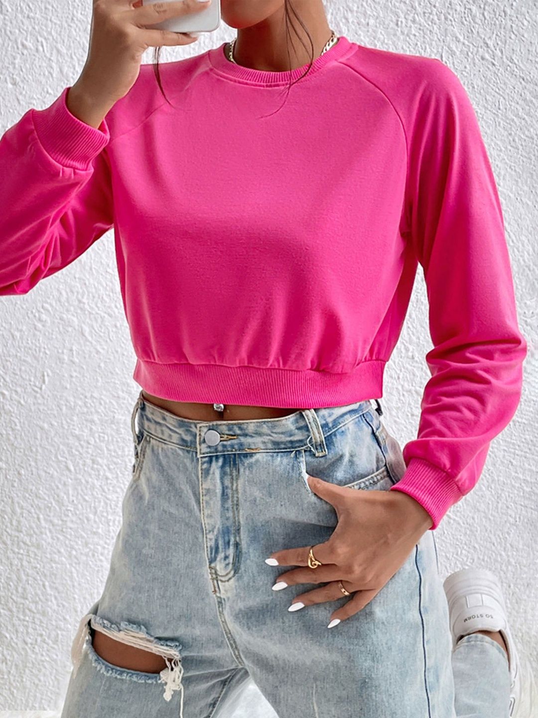 Sweatshirt in Pink Cotton Long Sleeve - Nowi Korean Fashion