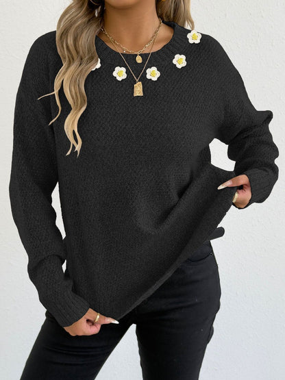 Pullover with Applique Detail in Black acrylic Style 564 - Nowi Korean Fashion