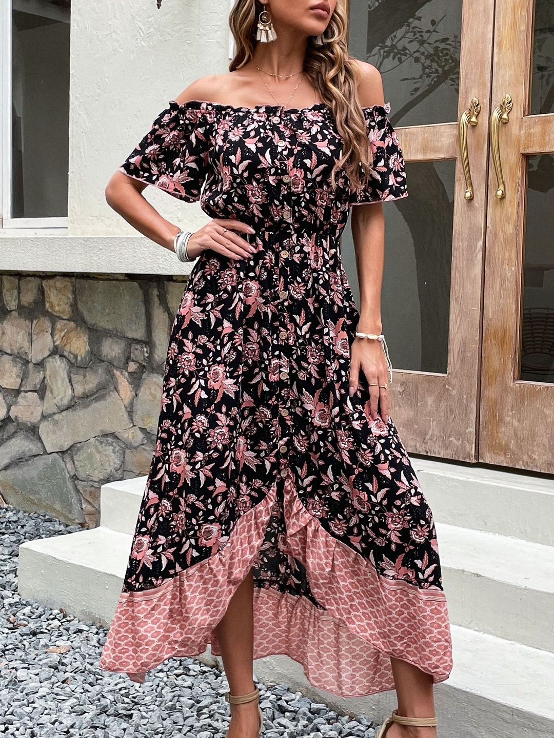 Floral Print Off-Shoulder Maxi Midi Dress