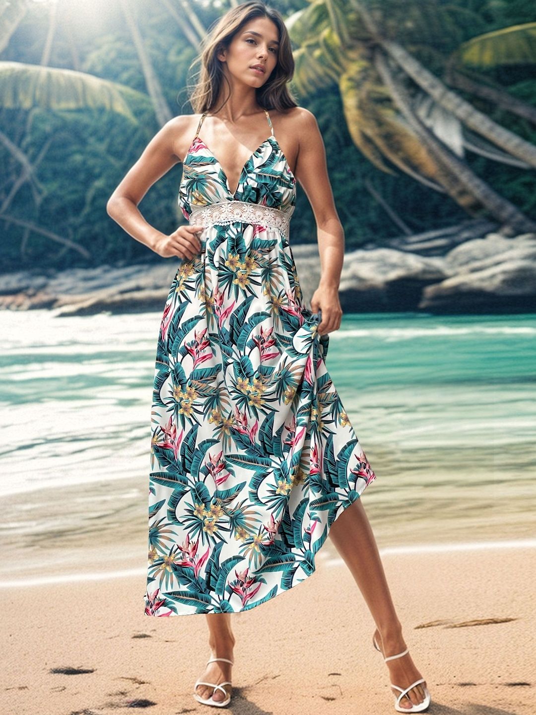 Tropical Print Lace Detail Midi Dress