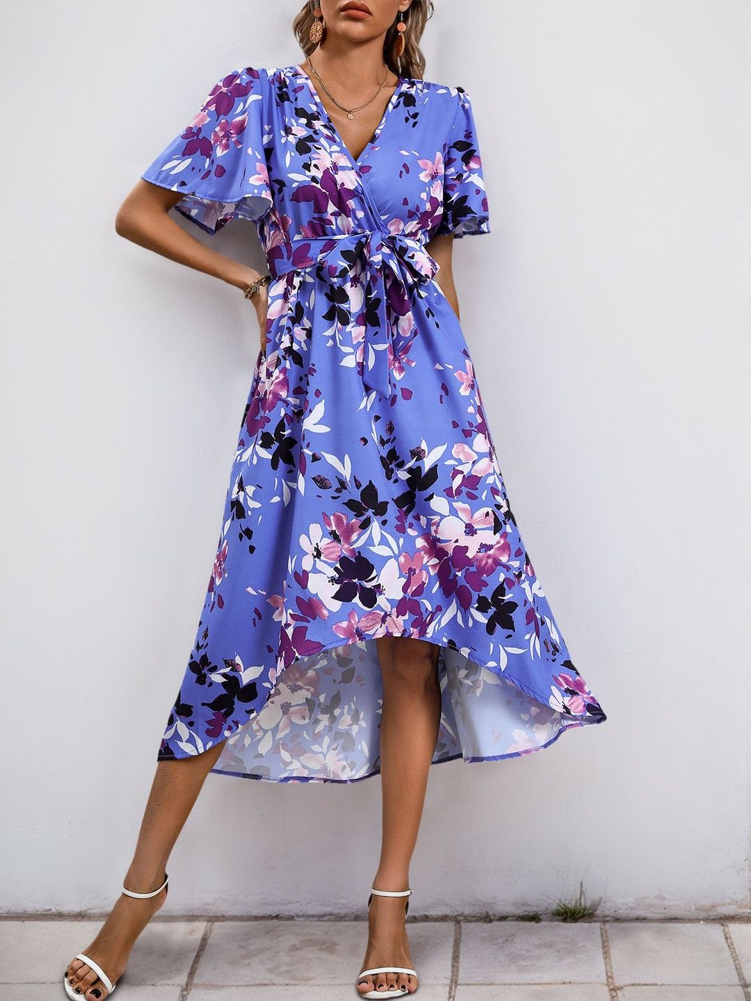 Floral Print Flutter Sleeve Midi Dress