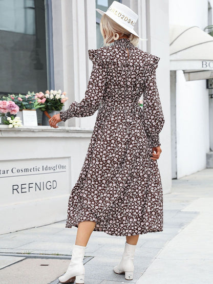 Women's Brown Floral Print Puff Sleeve Ruffled Fit & Flare