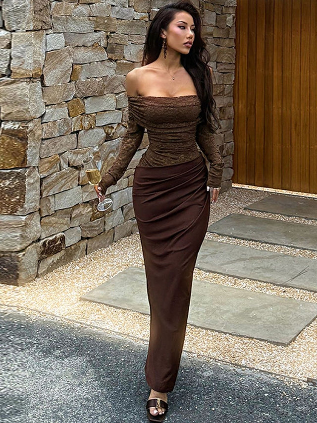 Brown Off-Shoulder Embellished Maxi Dress - Nowi Korean Fashion