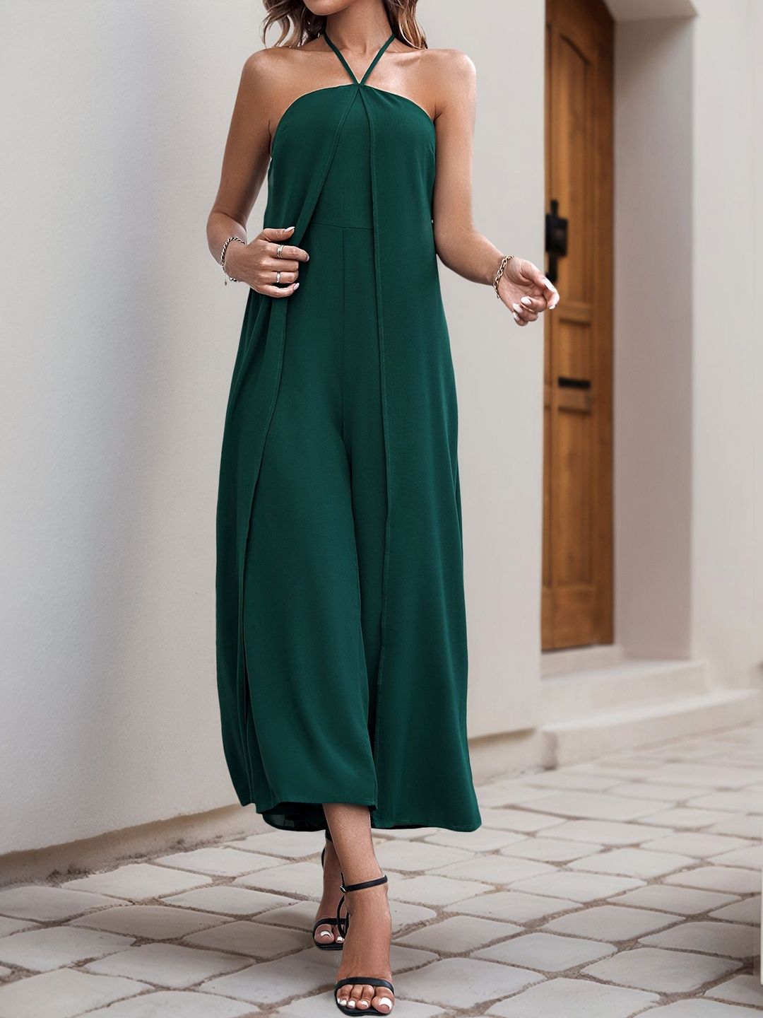Halter Neck Basic Jumpsuit with Applique